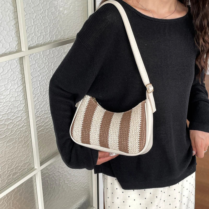 Borse a Spalla da Donna a Righe in Paglia, Borsa a Tracolla in Rattan Intrecciato con Cerniera, Pochette Hobo Femminile