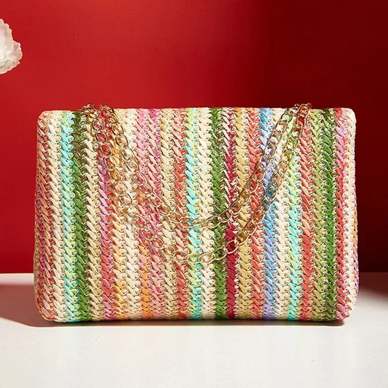 Borsa a mano con pochette in paglia a righe multicolori per donna Borsa a tracolla a tracolla con tracolla da spiaggia estiva in tessuto casual in pelle PU