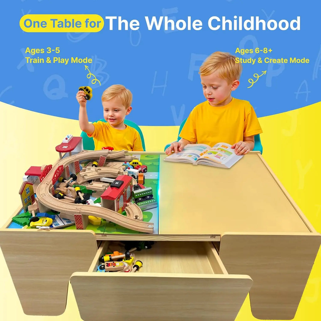 Set di treni e tavolo in legno per bambini piccoli, tavolo da attività reversibile con cassetto portaoggetti, regalo di compleanno per bambini dai 3 ai 7 anni