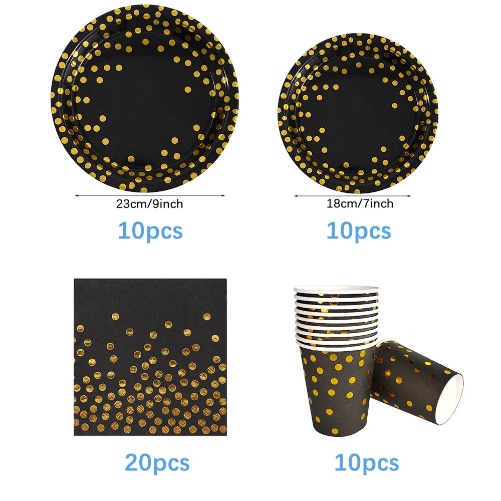 Set di stoviglie usa e getta per compleanno in oro nero, piatti di carta, tazze, tovaglioli, tovaglie, decorazione per feste di buon compleanno per adulti, matrimonio