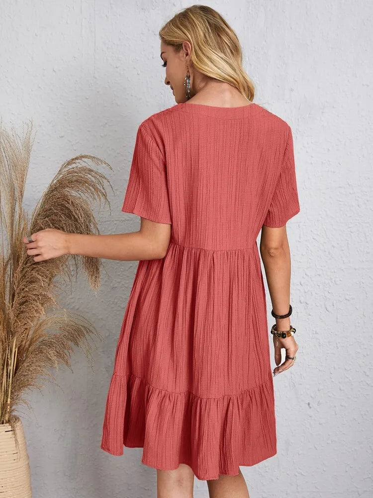 Elegante solido scollo A V A Line Dress 2024 nuova estate Ruffles allentato Mini abito Casual manica corta Beach Party Vestidos Streetwear