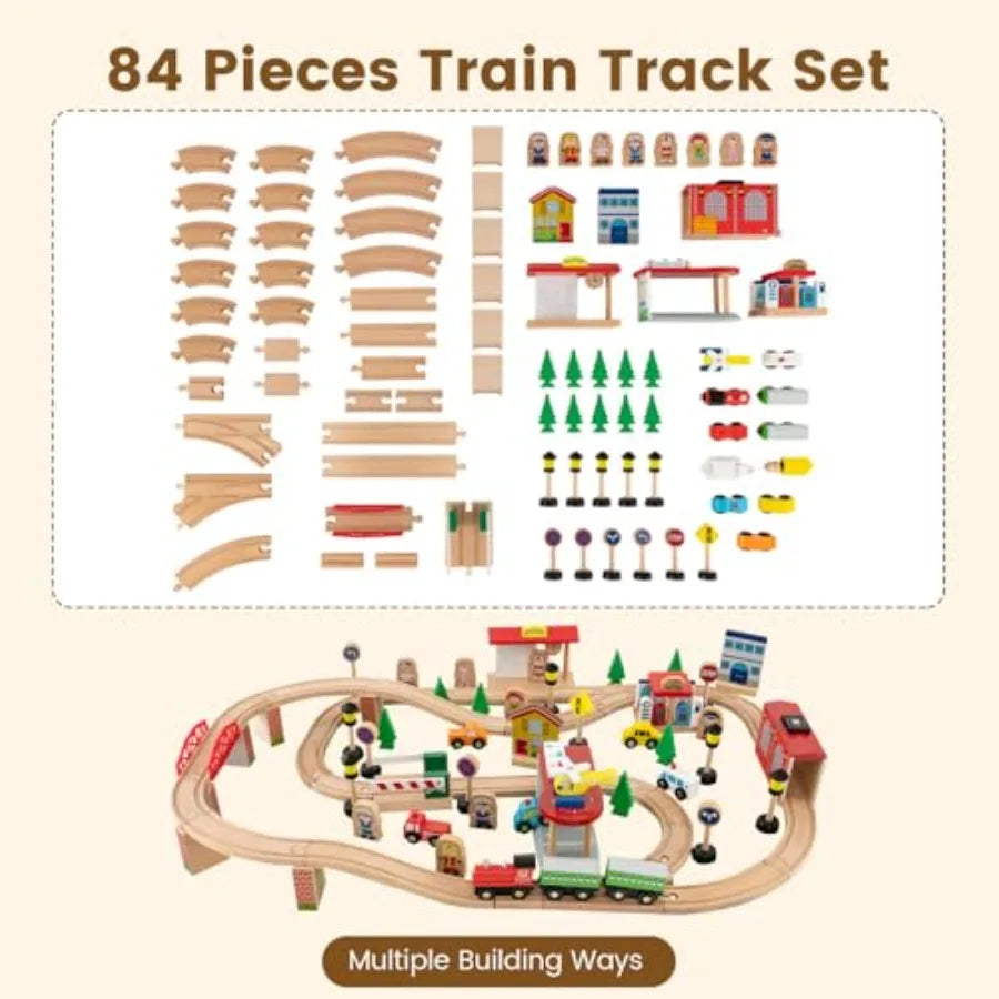 Tavolo da Treno, Set Treno in Legno 3-in-1 con 84 Pezzi di Pista Reversibile, Cassetto Portaoggetti per Costruire e Giocare