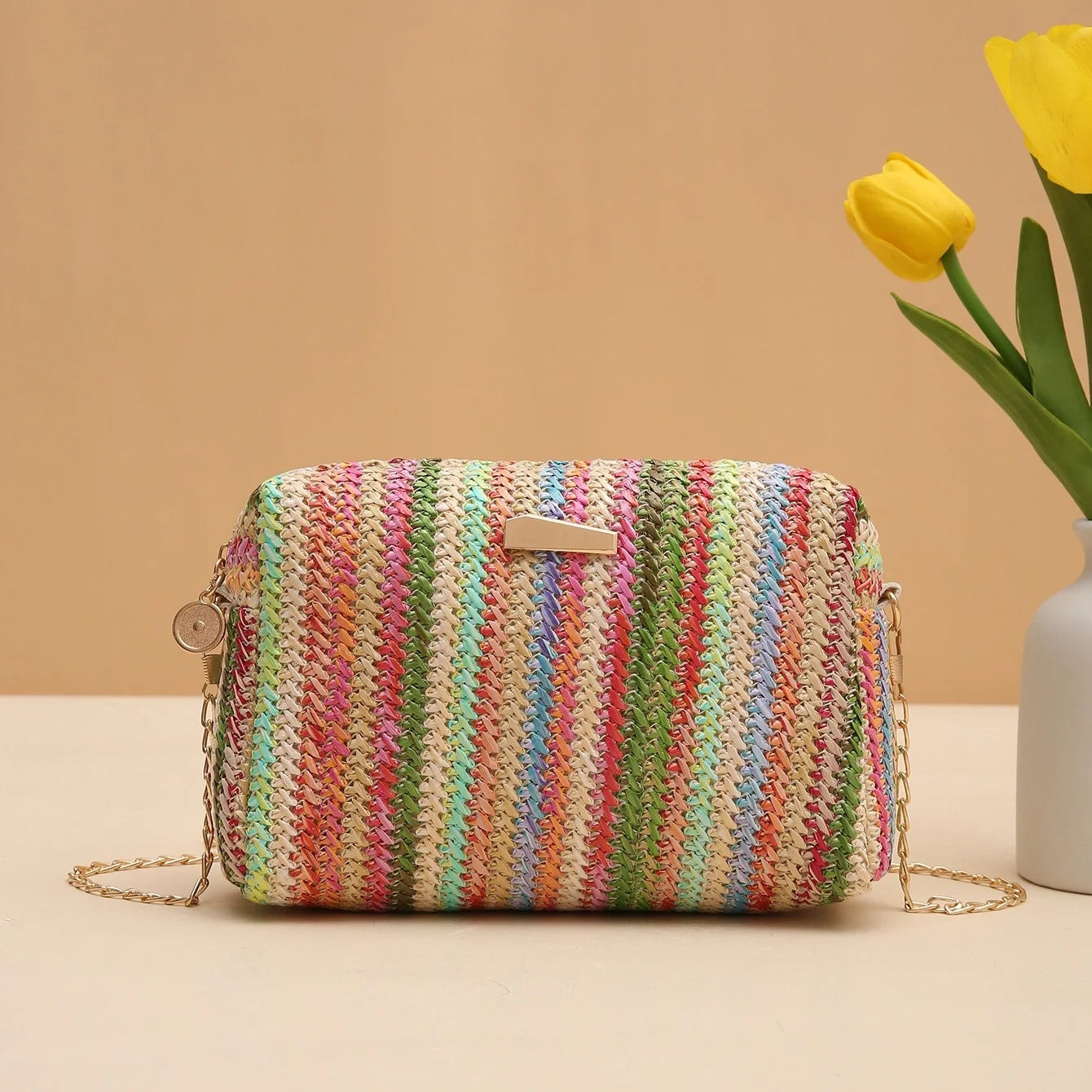 Borsa tessuta erba colorata borsa quadrata intrecciata 2024 borsa a tracolla Versatile per ragazza borsa arcobaleno