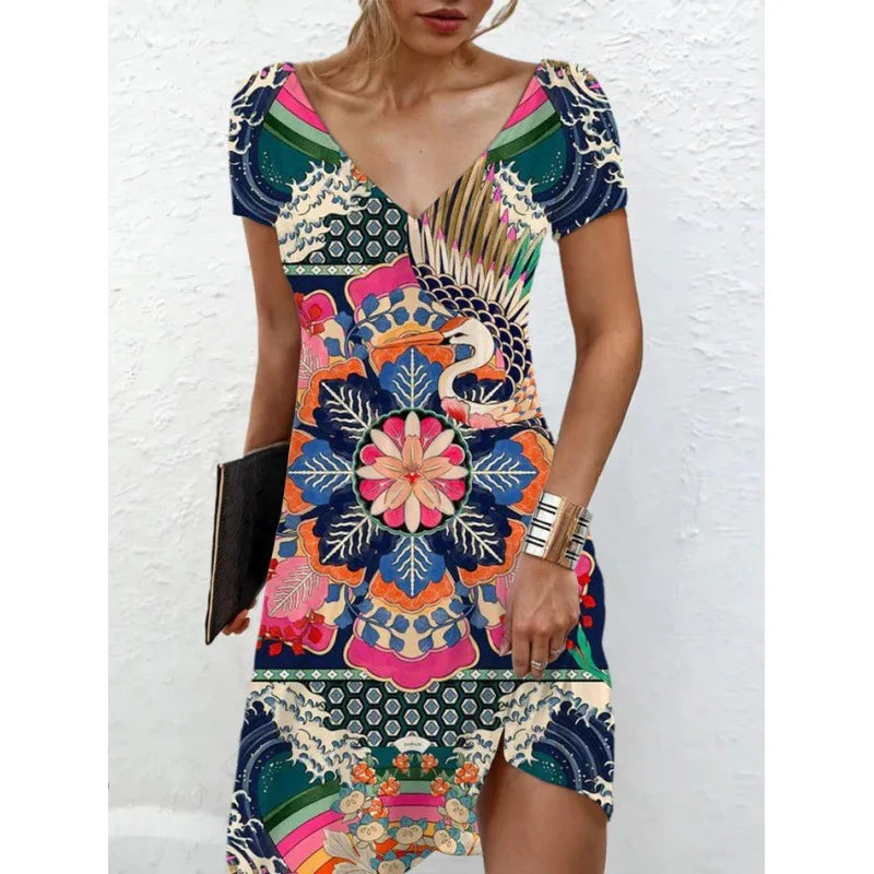 Abiti da donna 2026 estivi casual con stampa floreale e geometrica, vestito lungo a maniche corte, abbigliamento femminile, vestiti