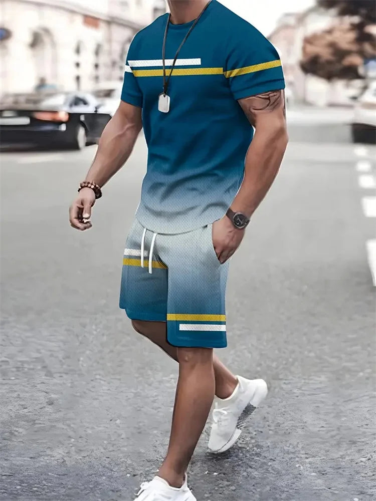 Boutique uomo estate Casual sport manica corta vestito semplice Splicing stampato girocollo T Shirt coulisse tasca pantaloncini vestito