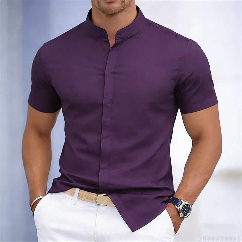Camicia da uomo a maniche corte con colletto rialzato, bianca o nera, tinta unita, vestibilità slim, top da uomo business casual, taglie XS-6XL.