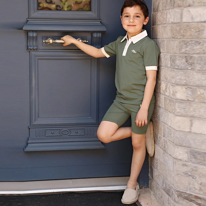 AA-SS26 Set Abito Shabbos Verde Beige Coordinato Famiglia Abbigliamento Bambini Vestiti con Fiocco Stampa Foglie d'Ulivo Set per Ragazzi Tutina per Neonati