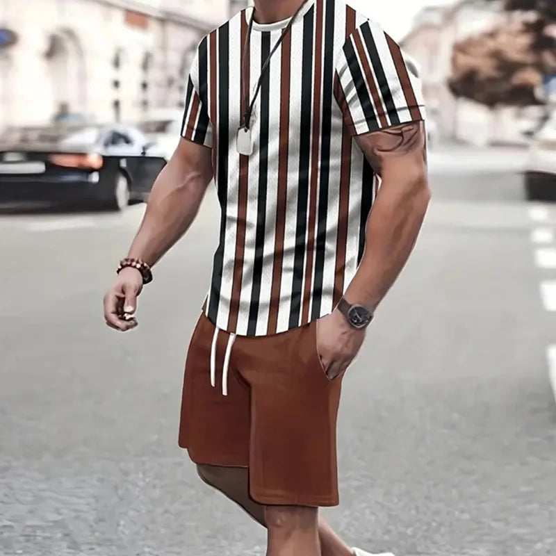 2025 Moda Uomo Abbigliamento sportivo Manica corta Set T-shirt e pantaloncini sportivi Estate Casual Vintage Patchwork Abito da uomo in 2 pezzi