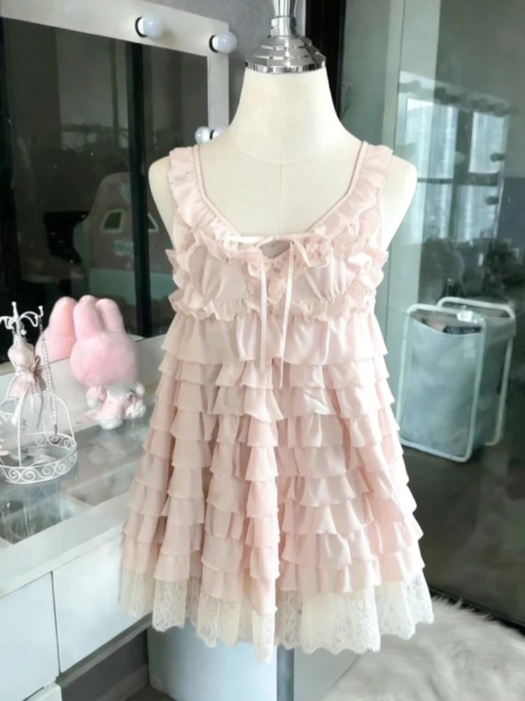 Abito stile francese dolce e carino con giunture a pois, fiocco in pizzo, abiti alla moda coreani, nuovo design, vita sottile, mini abito Y2k da donna