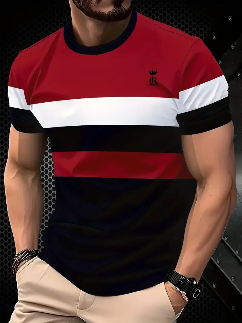 T-shirt classica estiva da uomo: top da esterno a maniche corte con scollo tondo e stampa a righe, maglietta da uomo da strada ampia con aggiunta