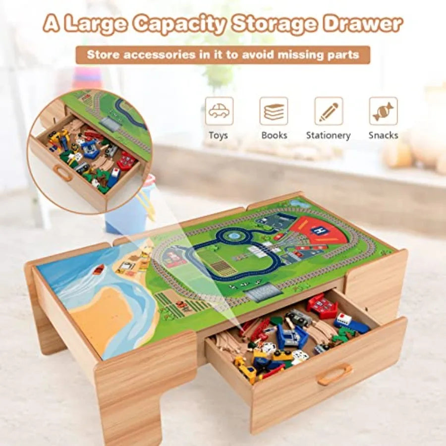 Tavolo da gioco per bambini dai 3 anni in su, tavolo attività in legno per bambini con contenitore, finitura in legno naturale, 100 pezzi multicolor inclusi