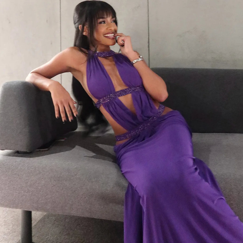 Abito lungo da donna sexy Halter scava fuori senza schienale senza maniche increspato abiti lunghi da sera Party Chic Robe verde viola estivo