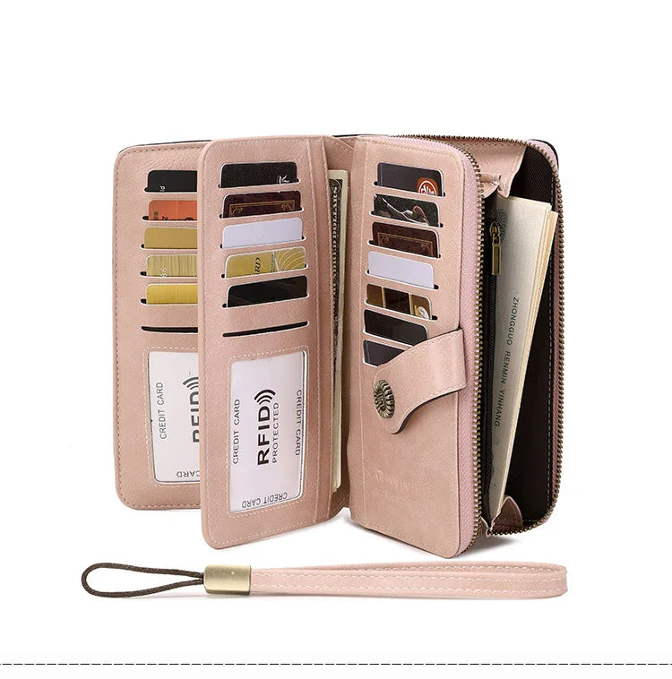 Borsa a mano in pelle cerata con blocco RFID, porta carte di credito multifunzionale a doppia piega, portafoglio da donna lungo retrò di grande capacità