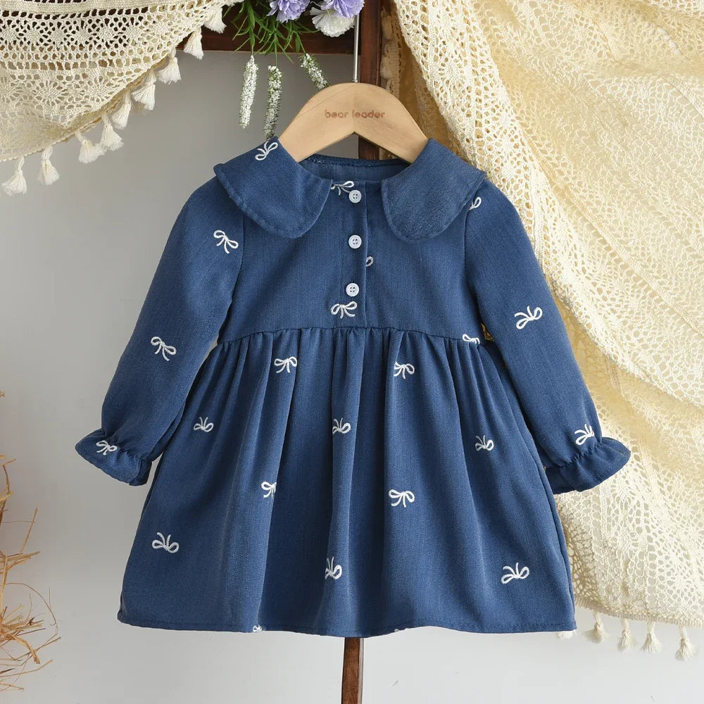 Bear Leader 2025 Nuovo simpatico abbigliamento per bambini 0-3 anni Abito per bambini Autunno Colletto a maniche lunghe Abiti per ragazze di fiori ricamati