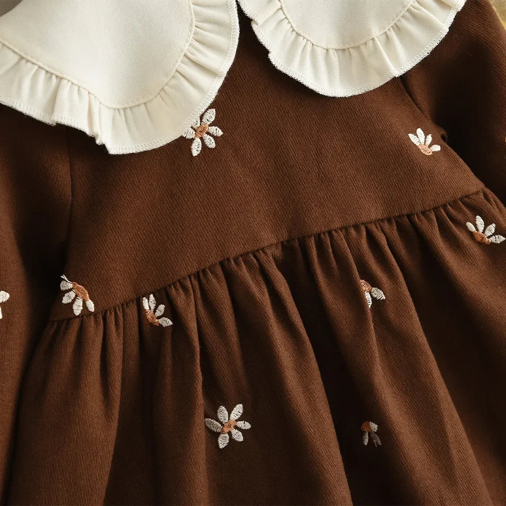 Bear Leader 2025 Nuovo simpatico abbigliamento per bambini 0-3 anni Abito per bambini Autunno Colletto a maniche lunghe Abiti per ragazze di fiori ricamati