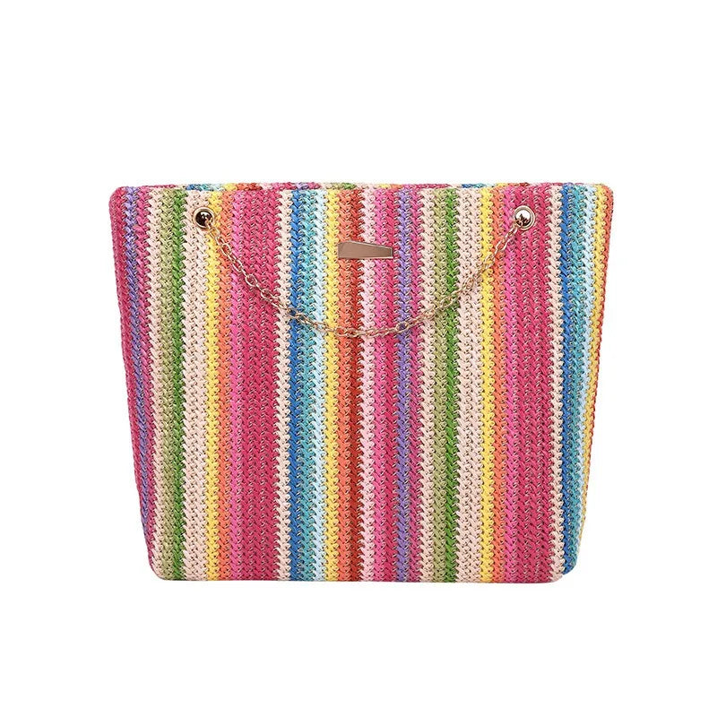Borsa da donna in paglia intrecciata in rattan, grande borsa a tracolla da spiaggia estiva con catena, borsa a tracolla da donna con patta, design da viaggio