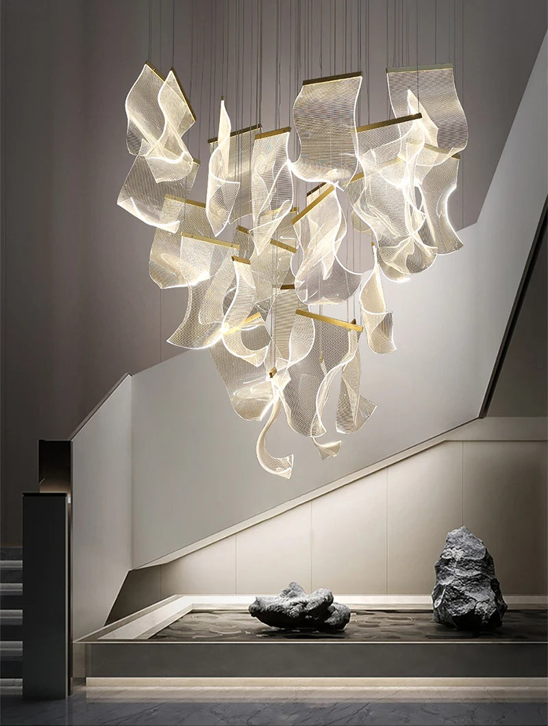 Modern Light Luxury Light Guide LED Long Strip Chandelier Living Room Dining Room Whole House Complete Set Lighting Duplex Rotat