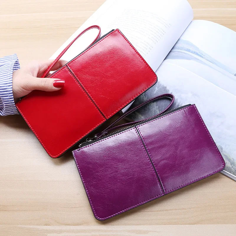 Borsa da donna vintage in pelle cerata a olio con cerniera, borsa da banca, portafoglio zero di grande capacità, cinturino da polso, porta carte con nome semplice