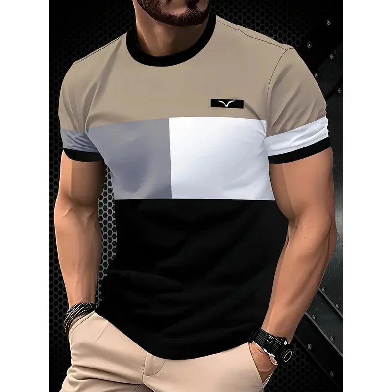 T-shirt classica estiva da uomo: top da esterno a maniche corte con scollo tondo e stampa a righe, maglietta da uomo da strada ampia con aggiunta
