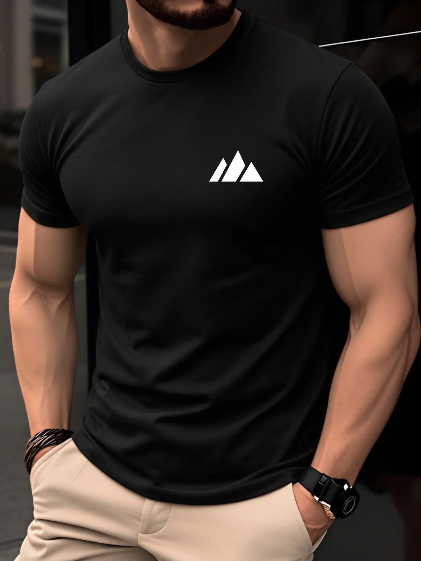 T-shirt da uomo in cotone 100% alla moda, casual, traspirante, semplice, con motivo geometrico a triangoli, estivo, a maniche corte, girocollo