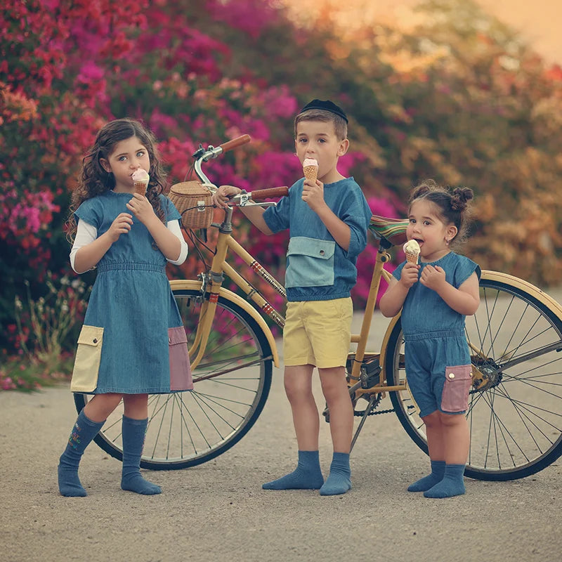 Vestiti coordinati per la famiglia tasche a contrasto pagliaccetto estivo per bambini vestiti per ragazze top da ragazzo denim blu manica corta e maglietta a maniche lunghe