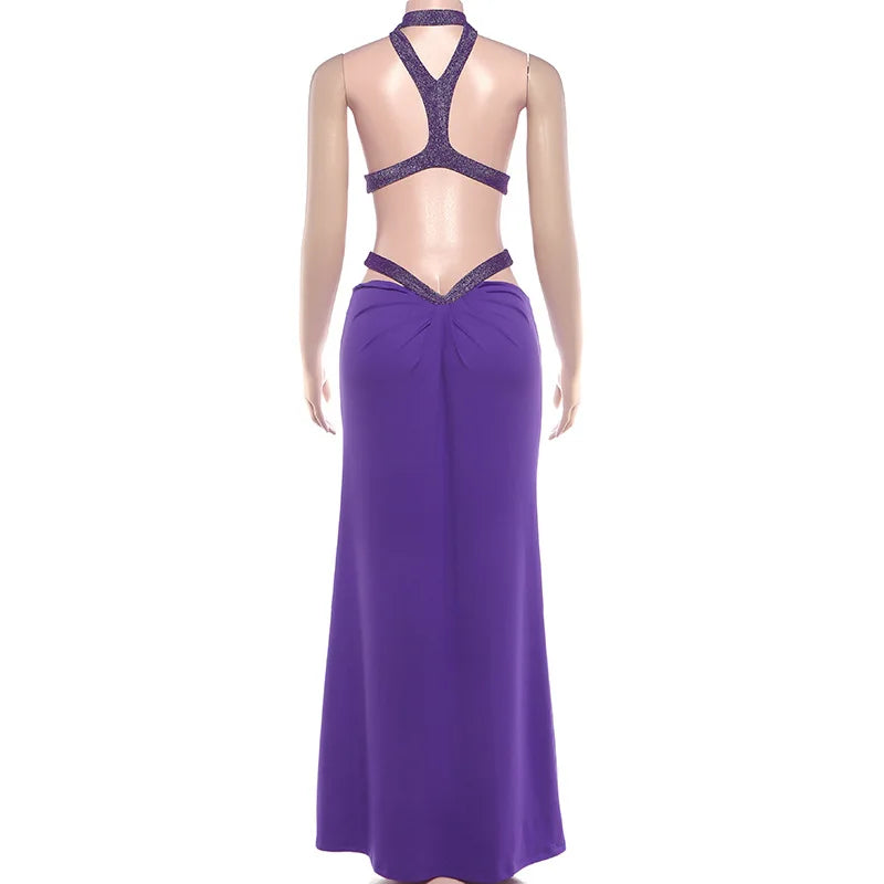Abito lungo da donna sexy Halter scava fuori senza schienale senza maniche increspato abiti lunghi da sera Party Chic Robe verde viola estivo