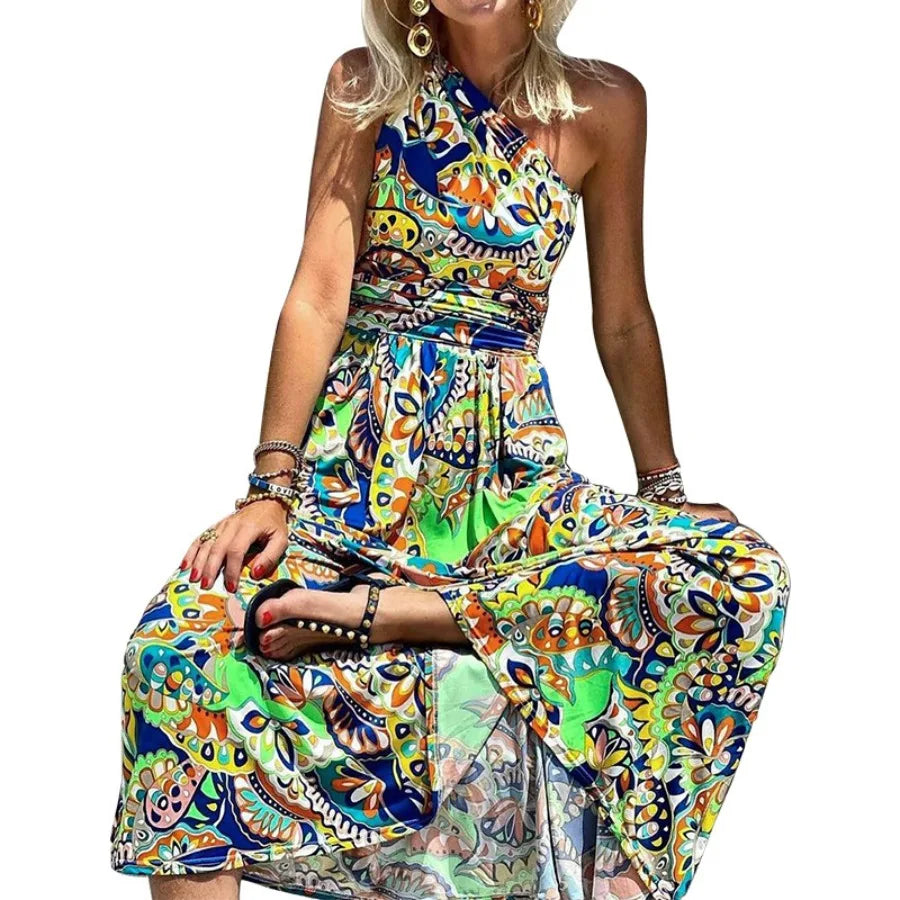 【HOT】Europa e America 2021 new wish - abito lungo bohémien con maniche a spalla singola stampate per donna