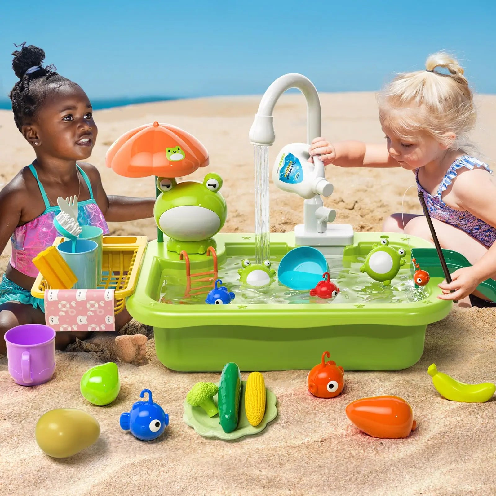 Giocattolo Lavello da Cucina per Bambini, Lavastoviglie Elettrica con Acqua Corrente, Gioco di Imitazione con Cibo e Pesca, Regalo per Bambine