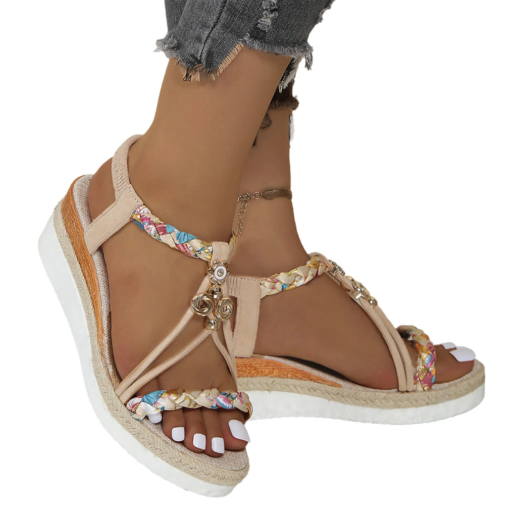 Sandali da Spiaggia con Zeppa in TPR per Donna, Sandali Bohémien con Piattaforma e Perline di Diamante per Interni ed Esterni, Palestra, Piscina, Vacanze, Feste