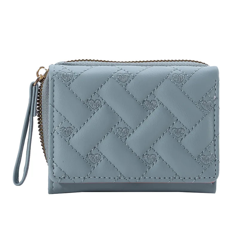 Portafoglio da donna per pelle PU moda ricamato amore tri-fold piccolo portafoglio porta carte portamonete multi-slot per carte interno rosa