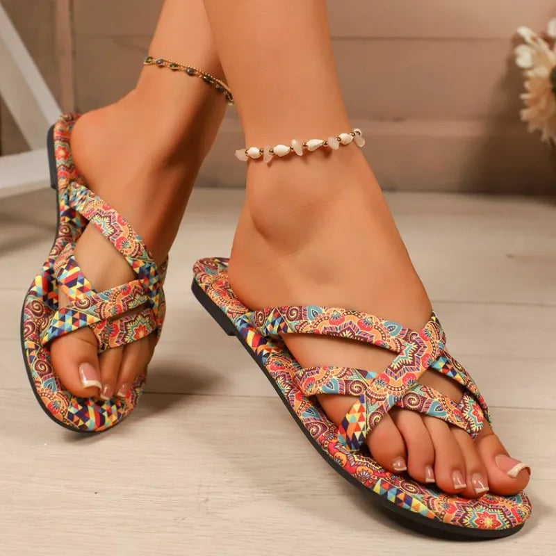 Pantofole da donna Scarpe stile bohémien alla moda per donna Sandali estivi comodi con punta aperta Pantofole da spiaggia di grandi dimensioni Scivoli da donna
