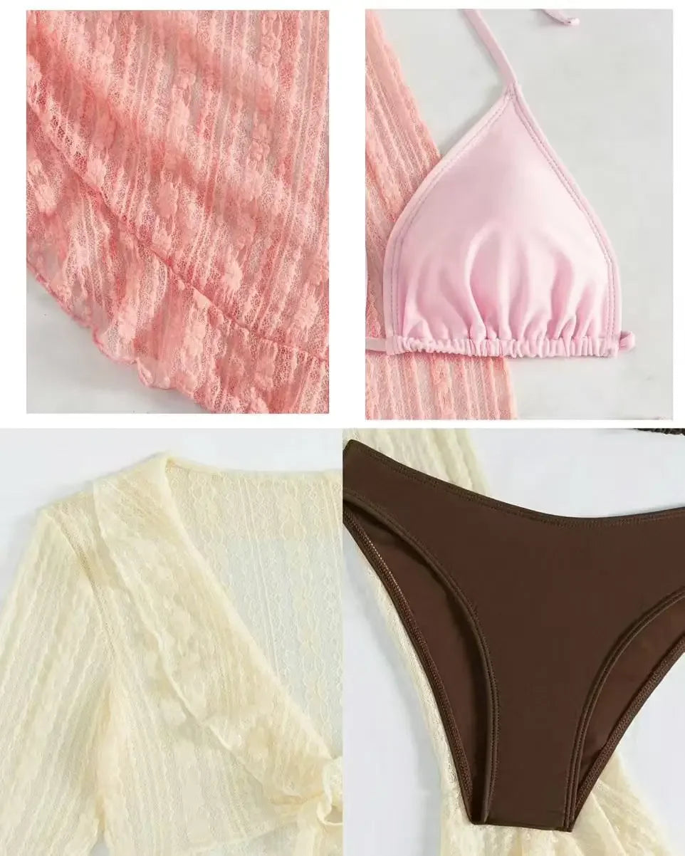 Set bikini da donna in pizzo trasparente con top a triangolo allacciato al collo e gonna da spiaggia con volant - Elegante costume da bagno per le vacanze estive al mare