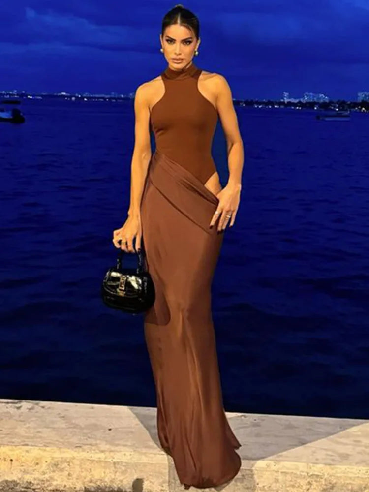 JULISSA MO Abito lungo da donna sexy scollato in raso Abito lungo nero senza maniche a vita alta Donna Autunno Skinny Elegante Party Clubwear