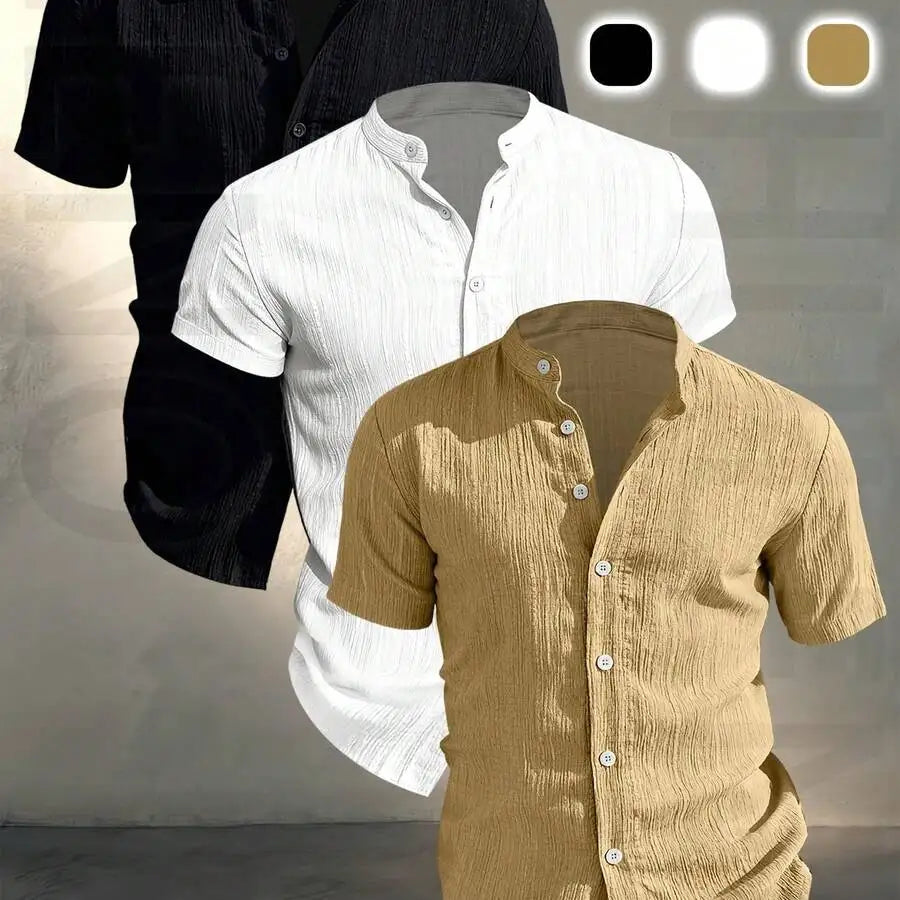 3 pezzi di camicie casual da uomo a maniche corte con colletto rialzato, estive, leggere, traspiranti, tinta unita, con bottoni