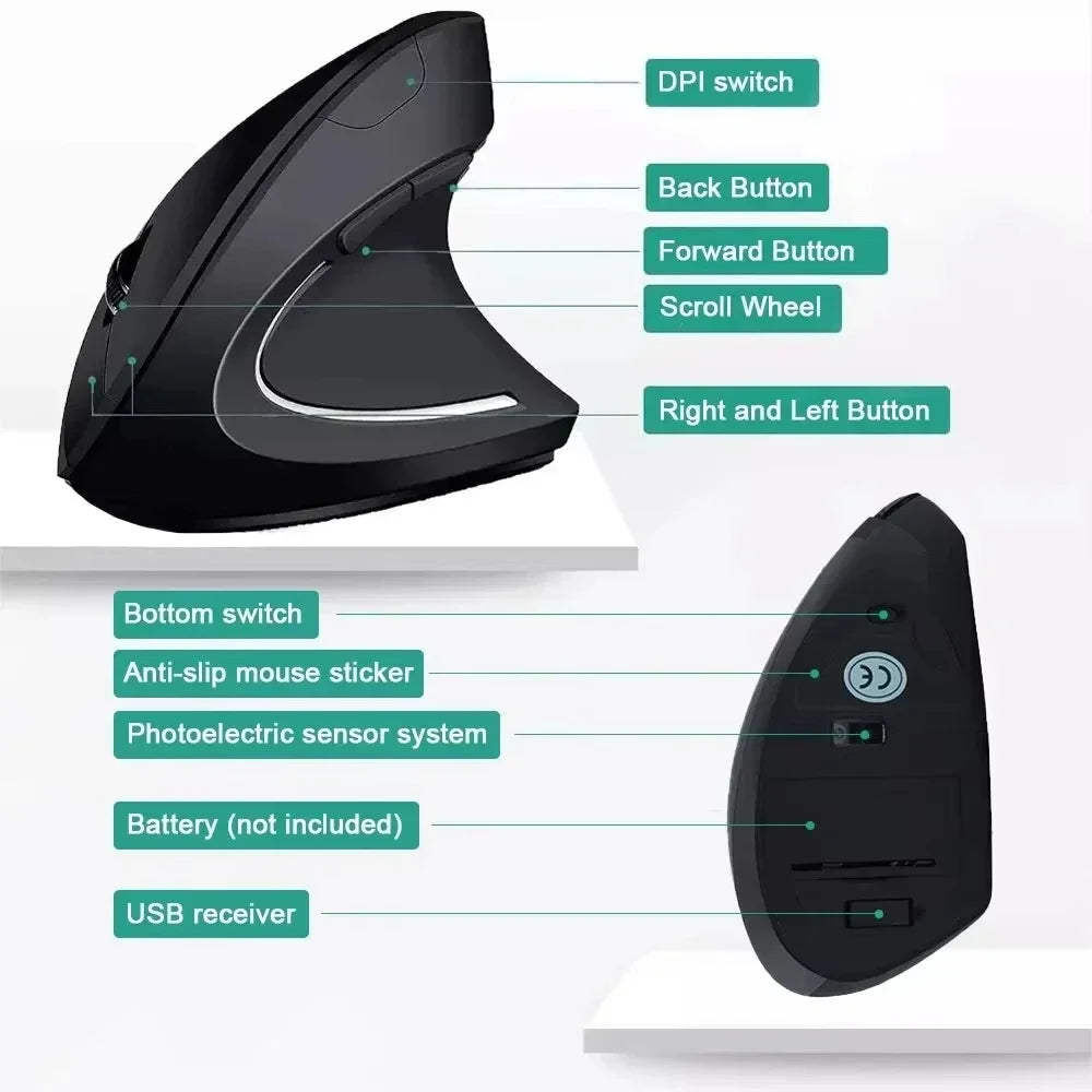 Mouse Verticale Wireless 2,4 GHz Ergonomico DPI 800 1200 1600 6 Pulsanti Per PC