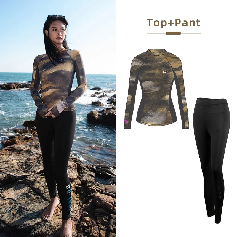 Nuovo Set Rashguard da Donna Nu-June a Maniche Lunghe ad Asciugatura Rapida con Protezione UV, Top da Nuoto con Pantaloncini, Costume da Spiaggia, Surf e Immersione