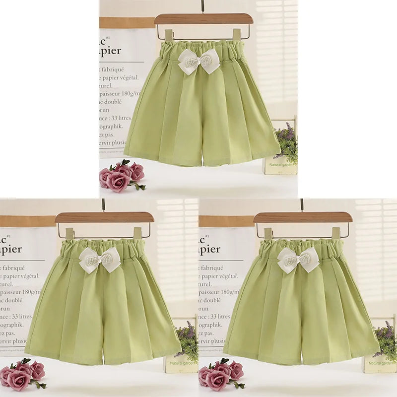 1/2/3 Pezzi Pantaloncini Larghi Estivi per Ragazze, Abbigliamento Casual da Esterno, Pantaloncini Sottili Traspiranti, Gonnellino con Fiocco, Abbigliamento Moda Bambina