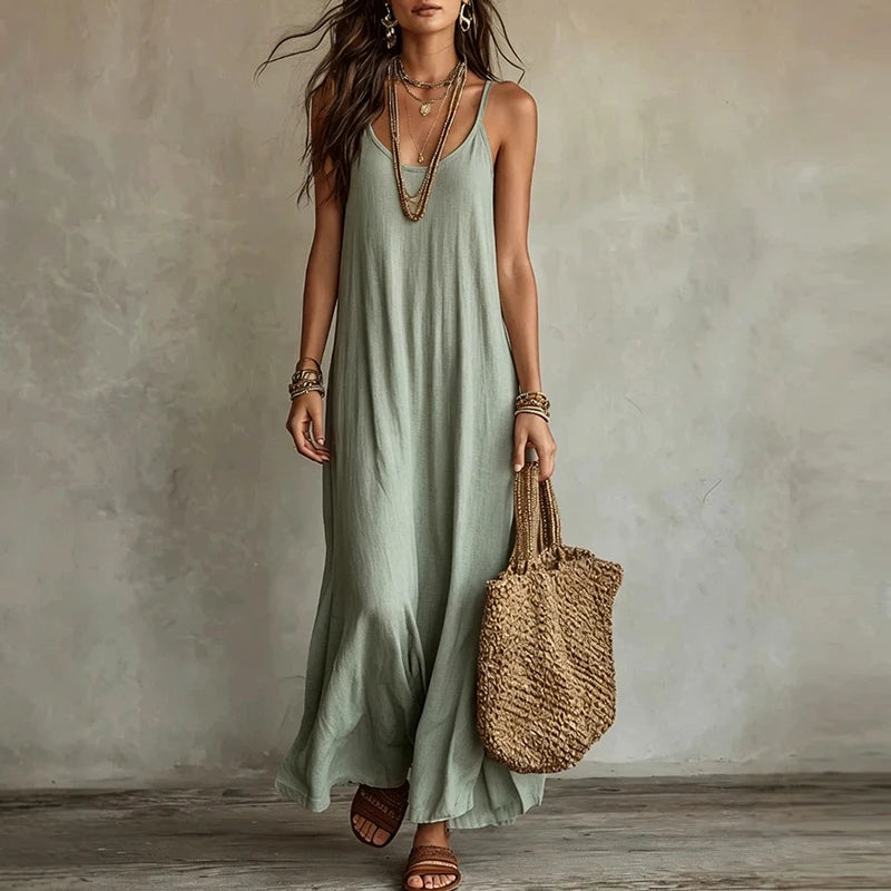 Nuovo Arrivo: Abito Lungo Senza Spalline da Donna, Vestito Casual con Collo a O Senza Maniche, Abito Ampio da Spiaggia e Vacanza, Vestito Lungo Boho