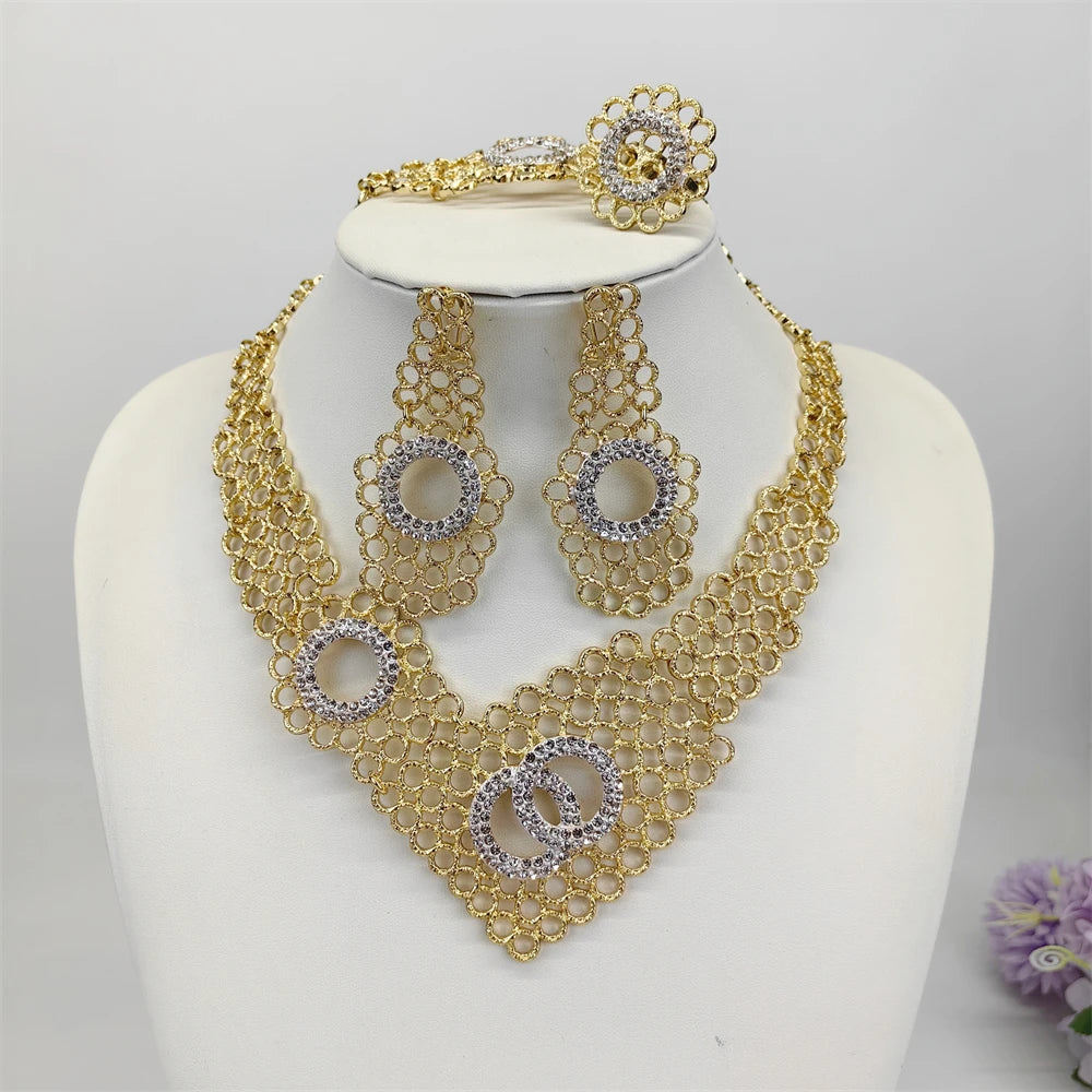 African Costume Jewelry Sets Gold Color Crystal Wedding Women Bridal Accessories nigerian Flower Pattern Necklace Set