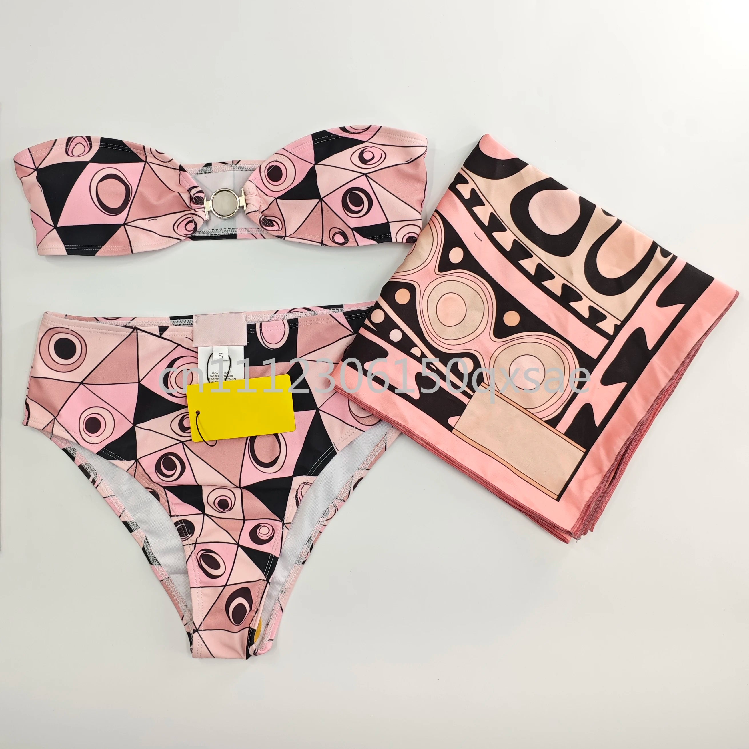 Costumi da bagno da donna rosa con foulard e logo a lettere, set bikini con foulard e fascia per capelli, abbigliamento da spiaggia