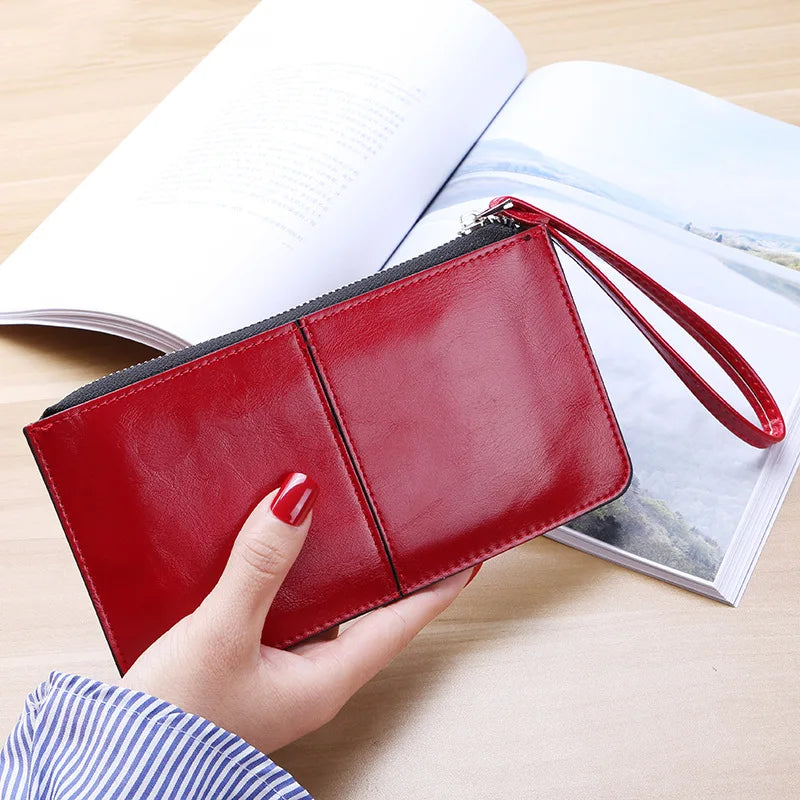 Borsa da donna vintage in pelle cerata a olio con cerniera, borsa da banca, portafoglio zero di grande capacità, cinturino da polso, porta carte con nome semplice