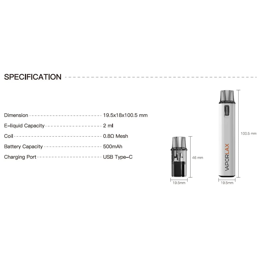 VaporLax Nano Kit sistema pod ricaricabile Sigaretta elettronica Batteria da 500 mAh 2.0 ml 0,8ohm Cartuccia a spirale a rete Atomizzatore Penna Vape