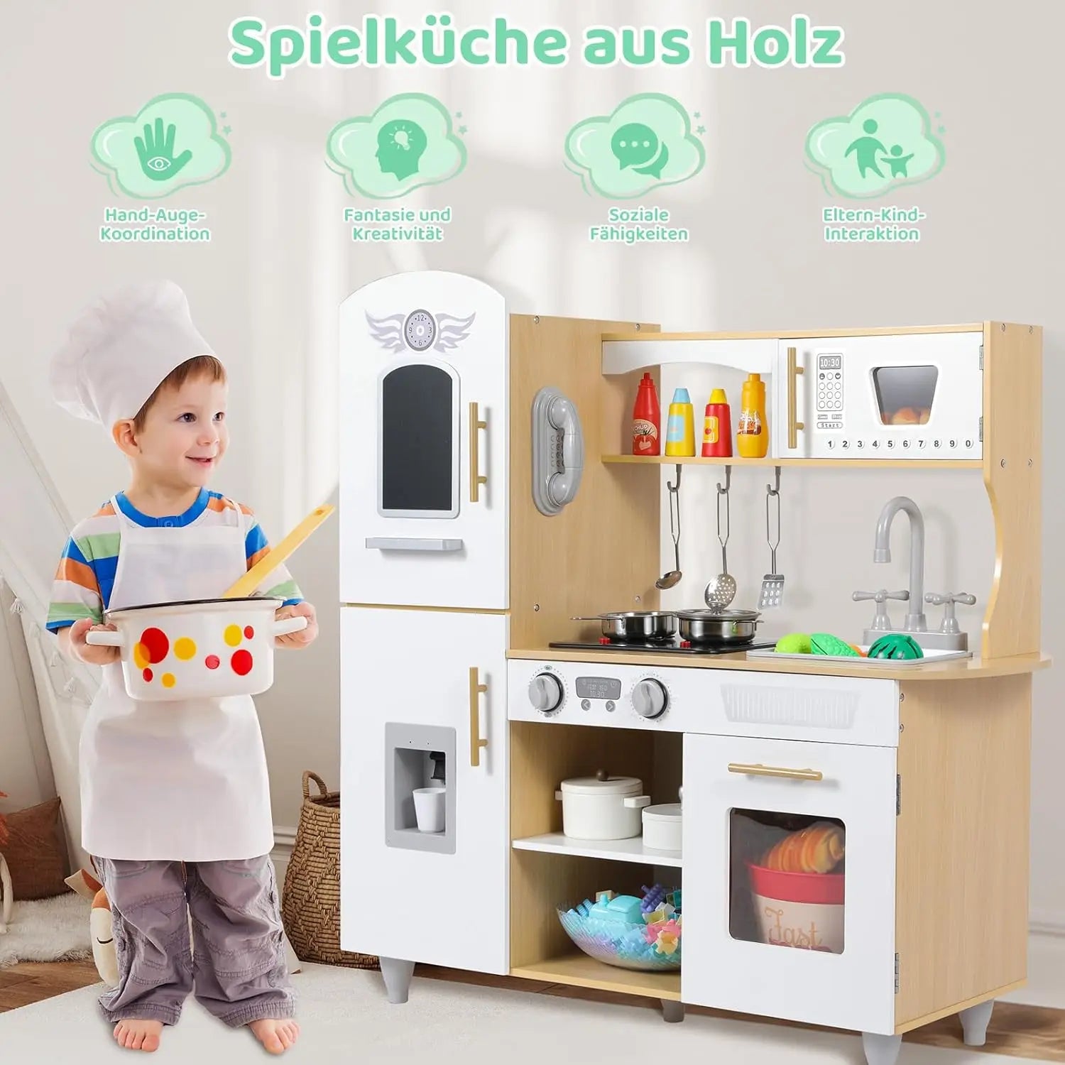 Set da cucina per bambini piccoli, set da gioco da cucina giocattolo in legno con veri luci e suoni, frigorifero a doppia porta, produttore di ghiaccio e pentole