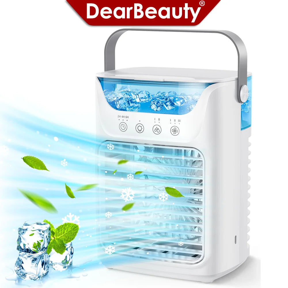 Condizionatore d'Aria Portatile 3-in-1: Mini Ventilatore, Raffreddatore e Umidificatore con Serbatoio d'Acqua da 700 ml e Luce Notturna a 7 Colori, Timer 2/4/6 Ore