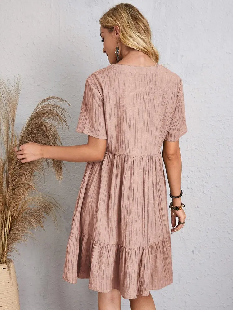 Elegante solido scollo A V A Line Dress 2024 nuova estate Ruffles allentato Mini abito Casual manica corta Beach Party Vestidos Streetwear