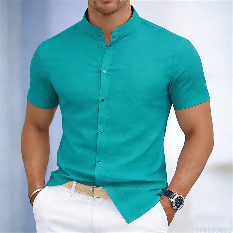 Camicia da uomo a maniche corte con colletto rialzato, bianca o nera, tinta unita, vestibilità slim, top da uomo business casual, taglie XS-6XL.