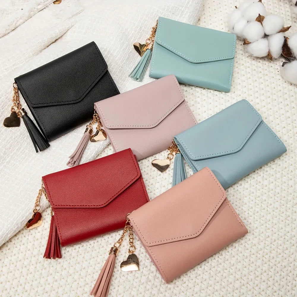 Nuovo portafoglio compatto da donna con pochette Portamonete ultrasottile portatile in pelle PU con porta carte di credito con nappa Portafoglio corto da donna