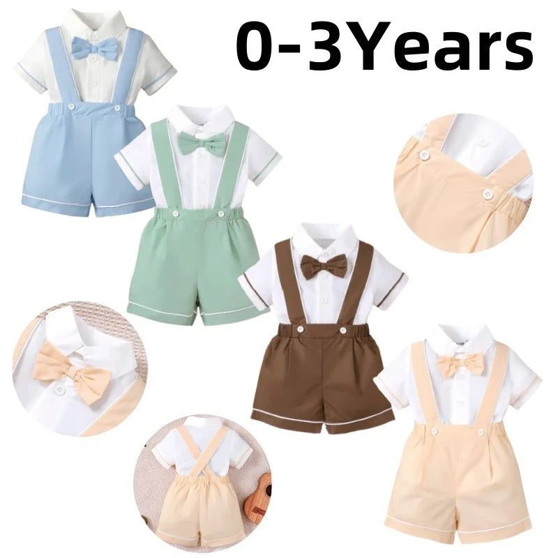 0-3 anni bambino ragazzi formale 2 pezzi set di abbigliamento camicia a maniche corte con papillon con complessivo per bambino ragazzo matrimonio e festa di compleanno vestito