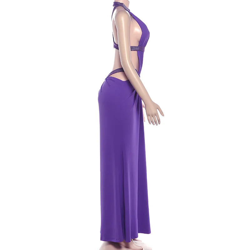 Abito lungo da donna sexy Halter scava fuori senza schienale senza maniche increspato abiti lunghi da sera Party Chic Robe verde viola estivo