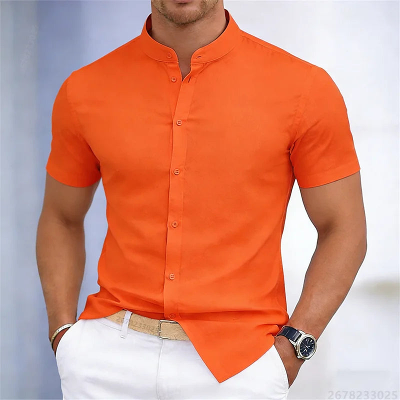 Camicia da uomo a maniche corte con colletto rialzato, bianca o nera, tinta unita, vestibilità slim, top da uomo business casual, taglie XS-6XL.
